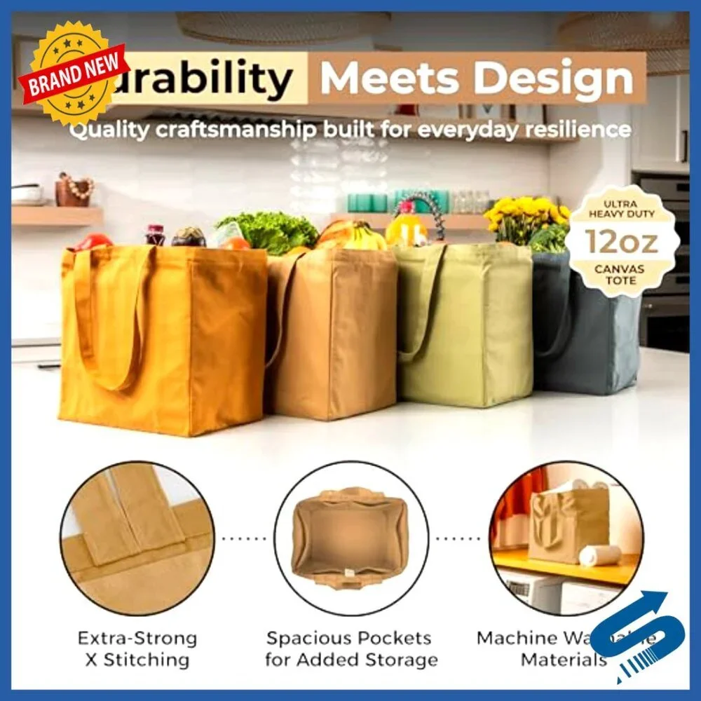 Heavy Duty Canvas Grocery Tote Set with Pockets Foldable Washable Utility